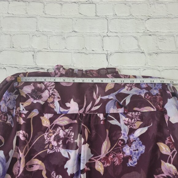WHITE HOUSE BLACK MARKET BURGUNDY & PINK MULTICOLOR FLORAL RUFFLE BLOUSE size M - Picture 8 of 11